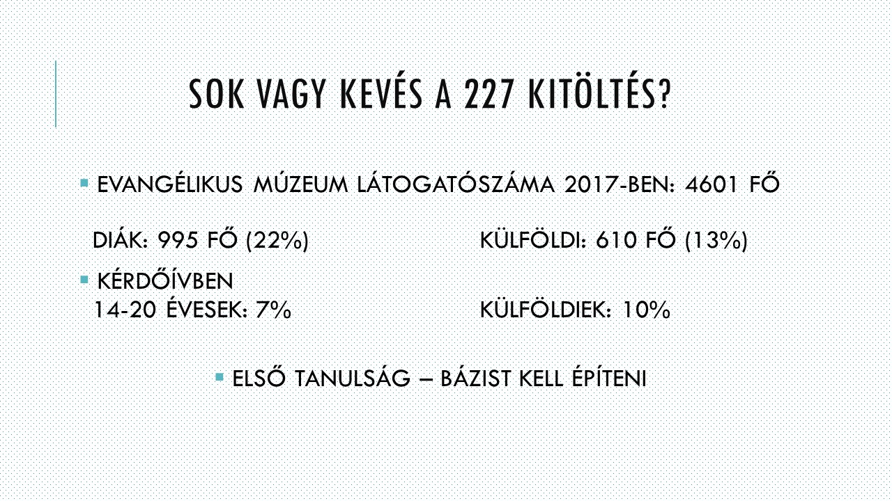 Látogatókutatás az Evangélikus Országos Múzeumban - Dia 4: Sok vagy kevés a 227 kitöltő?